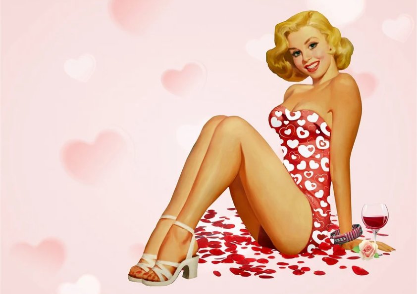 Retro Pin Up Girl Background Valentines Rose Petals